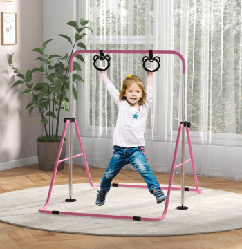 Barra de Ginástica para Crianças com Altura Ajustável em 5 Níveis e Anéis Barra de Treino de Ginástica Dobrável 148x105x88-128 cm Rosa
