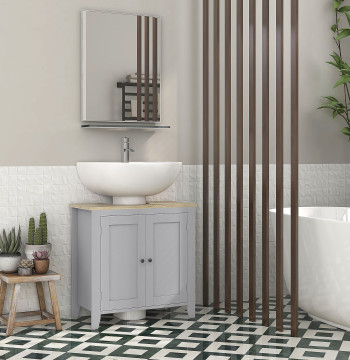 Móvel para Lavatório Pousar Armário para Casa de Banho com 2 Portas e Prateleira Ajustável Estilo Moderno 60x30x60 cm Cinza e Madeira