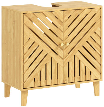 Móvel para Lavatório Pousar em Bambu Móvel de Casa de Banho com 2 Portas Ripadas e Prateleira Ajustável Armário de Casa de Banho para Lavatório sem Pedestal Estilo Nórdico 60x30x60 cm Madeira