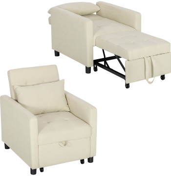 Sofá Cama Individual Poltrona com 4 Rodas Encosto Reclinável Almofada Extra e Assento Acolchoado Carga 100 kg para Escritório Dormitório Sala de Estar 69x82,5x84 cm Bege