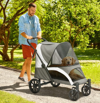 Chariot pliable pour grands chiens avec fenêtre lavable Ceintures arrière Roues et sacs Capacité 30 kg 124x67x100 cm Gris foncé