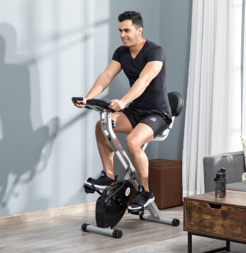 Bicicleta Estática Dobrável com 8 Níveis de Resistência Magnética Bicicleta Vertical com Volante de Inércia Ritmo Cardíaco Pulsómetro Assento Ajustável Carga 110 kg 43x97x109 cm Cinzento