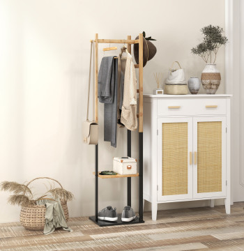 Cabina a piedi Bamboo con 2 cesoie 2 ganci 5 bar cabina di ingresso con struttura in acciaio per appendere i vestiti nel Corridor Living Room 46x28,5x153,5 cm Legno e nero
