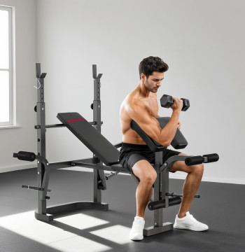 Banco de Musculação Multifuncional Inclinável Banco de Pesos com Suporte para Barra Ajustável Extensão de Pernas Curl e Borboleta para Treino em Casa e Ginásio 106x155x202 cm Preto