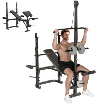Banco de Musculação Multifuncional Inclinável Banco de Pesos com Suporte para Barra Ajustável Extensão de Pernas Curl e Borboleta para Treino em Casa e Ginásio 106x155x202 cm Preto