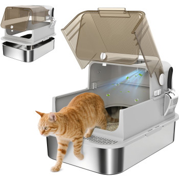 Boîte à sable pour chats en acier inoxydable XXL Boîte à sable pour grands chats avec capuchon supérieur latéral dos Paddle et anti-vol 70x50x46,5 cm gris