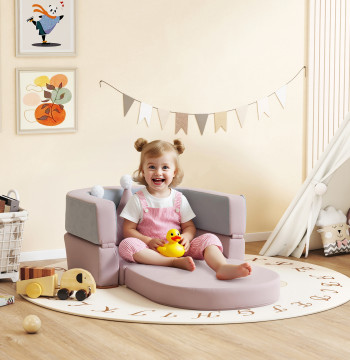Sofá Infantil Convertível Sofá para Crianças com Almofada em Forma de Coroa Dobrável em Cama e Zona de Brincadeiras Estofado em Veludo Suave para Crianças dos 18 aos 36 Meses Rosa e Azul Acinzentado