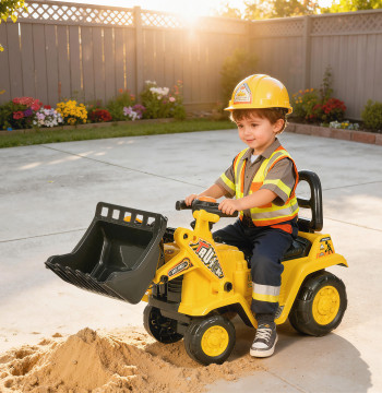 Passeggino per bambini da 18 a 48 mesi Escavatore per bambini con ruota di guida anteriore del corno e scomparto nascosto sotto carico della sede 30 kg 80x26,5x39 cm Giallo