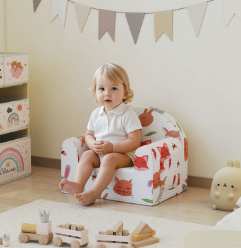Sofá para Crianças com Estampa de Raposas Poltrona Infantil de 18-36 Meses com Capa Removível e Lavável Bolso Lateral Apoio de Braços Suporta 45 kg 54x40x43 cm Branco