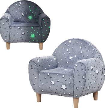 Poltrona para Crianças com Desenho de Estrelas que Brilham no Escuro Sofá para Crianças de 18-36 Meses Tecido Suave de Veludo Apoios de Braços Carga 45 kg 55x40x55 cm Cinzento