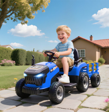 Tracteur électrique pour les enfants avec batterie de remorquage démontable 12V Vitesse 3-5 km/h Télécommande 2.4G Musique Horn pour les enfants de 3-8 ans 139x58x55 cm Bleu
