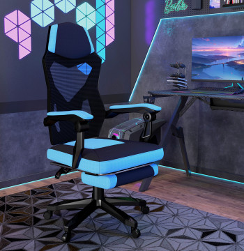 Cadeira de Escritório Ajustável em Altura Cadeira para Secretária Giratória de 360° Reclinável até 135° com Apoio para os Braços e Apoio para os Pés Retrátil 58x72x108-118 cm Azul