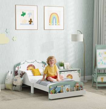 Lit d'enfant 70x140 cm à Madère avec rangement Protection anti-chute et tête de lit avec design Lean, Supports 40 kg pour chambre verte