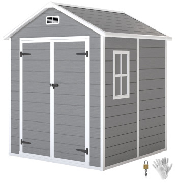 Abrigo de Jardín en Resina con Piso 182x151x219 cm Efecto Madeira Estructura Reforzada en Aluminio Ventana Ventilación Portas Dobles con Cerdura Cinzento