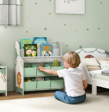 Bibliothèque de jouets pour enfants avec 6 boites de tissu non tissu Toy Organizer avec 2 plateau pour la chambre des enfants Salle de jeux École des enfants 63x30x71 cm vert