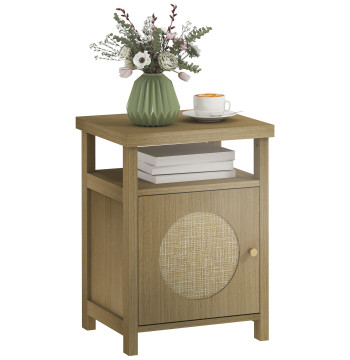 Mesa de Cabeceira com Porta de Vime Mesa de Cabeceira com Prateleira Aberta e Compartimento Móvel Auxiliar para Quarto Sala 40x35x55 cm Madeira