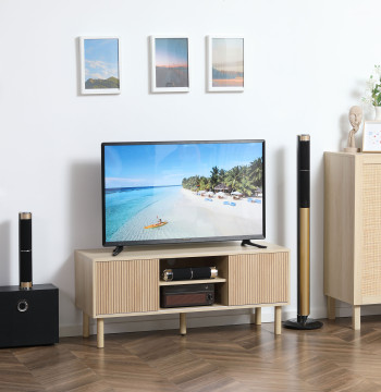Móvil de televisión móvil para televisión hasta 50 Polegadas con Puertas de Correr Prateleiras Abiertas y Orifícios para Cabos para Sala de Estar 115x40x49 cm Madeira
