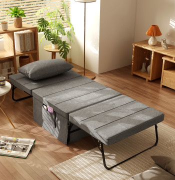 Sofá Cama 4 em 1 Poltrona Cama Desdobrável Estofado em Linho com Encosto Ajustável em 5 Níveis e Almofada Acolchoada para Escritório, Quarto Sala 75x80x74 cm Cinza