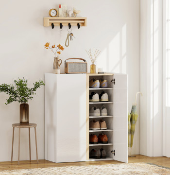 Sapateira de 6 Niveles con 2 Puertas en Blanco Brillante Sapateira de Entrada con cierre Suave y Prateleiras ajustables para 18 Pares de Zapatos 70x33,5x95 cm Blanco