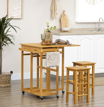 Conjunto de Mesa Alta de Bar y 2 Bancos Mesa de cocina Alta en Bambu con Rodas Tampo Dobrable Poupa Espacio Gavetas Toalheiros y Apoyo a Pés Madeira