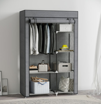 Armadio pieghevole in tessuto Armadio portatile con 6 scaffalature e 1 barra di sospensione per il Dresser Dorm 103x43x162.5 cm Grigio