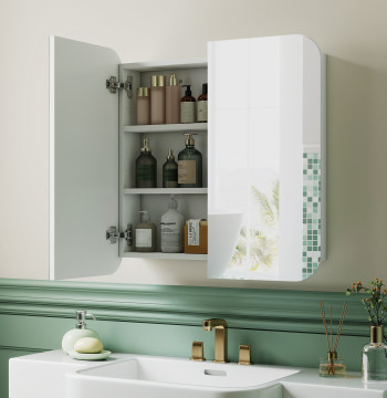 Cabinet de salle de bains avec miroir design avec bords Mobile armoire murale salle de bains pour accrocher 2 portes poignées réglables 68x13x66 cm Blanc