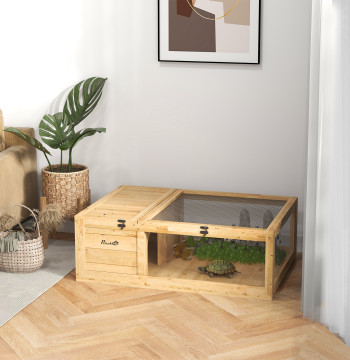 Casa para Tartarugas de Madeira Terrario para Reptéis com Teto de Malha Painéis Laterais Transparentes e Trava de Segurança 91x60,5x32 cm Madeira