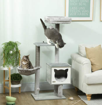 Inicio para gatos con Plataforma Altura 126 cm Torre de Escalar para Gatos con Red Caverna Cama Postes de Sisal y Bolas de Jugar 48x40x126 cm gris