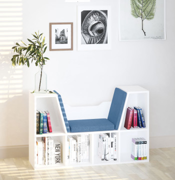 Estante para Livros com Banco Integrado e 6 Cubos Estante Infantil com Assento 102x30x61 cm Branco e Azul
