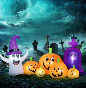 Zucca di Halloween gonfiabile con fantasma e decorazione di Halloween Slippery con le luci LED IP44 e l'inflator del giardino feste 240x130x130 cm Multicolor