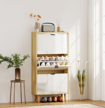 Sapateira Estreita com 3 Portas em Branco Brilhante Sapateira de Entrada com Prateleiras Ajustáveis e Pernas de Madeira para 18 Pares de Sapatos 60x24x127 cm Branco