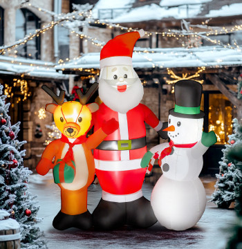 Santa Gonflable 150 cm avec Rena et Snowman Décoration de Noël Gonflable avec lumières LED Gonflateur électrique pour jardin extérieur gazon 150x45x150 cm multicolore