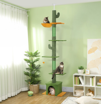Scratcher per Gatti di terra a Teto 230-275 cm Torre per Gatti con Piattaforme di grotta di altezza regolabile Post di rete di Sisal e sfera di gioco verde