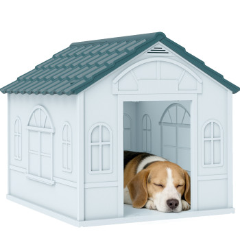 Maison pour chiens 65x75.7x63 cm Accueil pour chiens avec fenêtres et plafond avec tuiles d'imitation pour chiens moyens Bleu et blanc