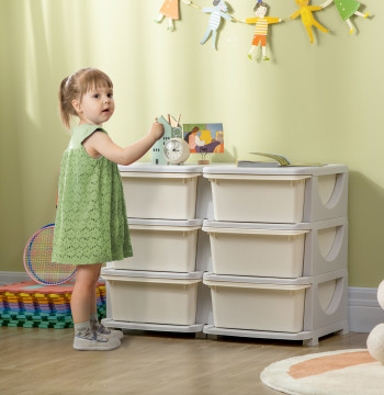 6 cassetti per organizzatore giocattolo Imballaggio Cassetti per bambini sopra i 3 anni con ricamo tondo e peg per stanza di gioco 75x37x56.5 cm Crema e grigio