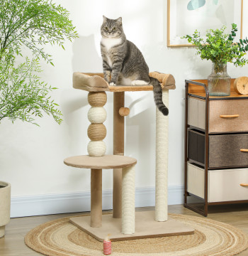 Cat Scratcher Hauteur 86 cm Scratcher pour les chats avec Borrego Rembourrage Plateformes Suspendu Ball et Brown Jute Post