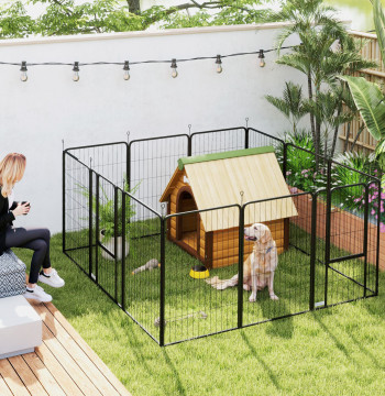 Parc de chiens de 12 panneaux 68x100 cm Parc pliable pour chiens moyens avec portes fermées et stakes pour intérieur et extérieur noir