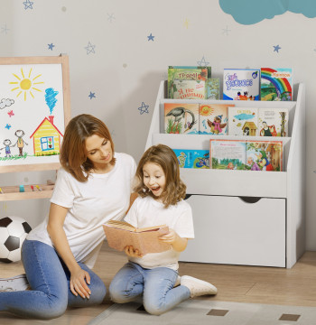 Giocattolo Shelf con 3 scomparti Libreria giocattolo con ruote multifunzione per stanza gioco camera 62.5x30x70 cm Bianco