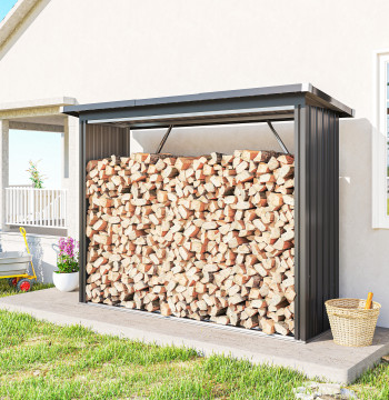 Abri en bois d'acier galvanisé Abri en bois pour le stockage extérieur de Troncos avec base haute et plafond maigre 213x6,5x150 cm Gris foncé