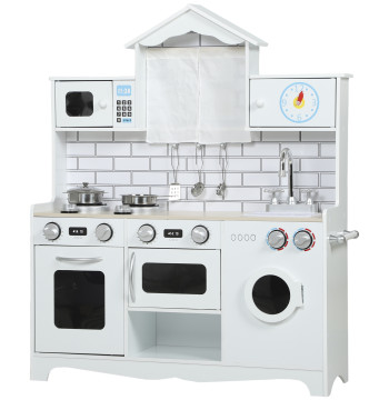 Cozinha de Madeira com Som e Cortinas Cozinha de Brincar Infantil com Acessórios em Aço Inoxidável, Máquina de Lavar Micro-ondas, Lava-Loiça para Crianças a partir dos 3 Anos 79,5x24x94 cm Branco