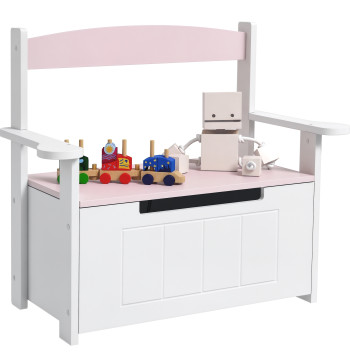 Baú de Brinquedos Infantil Banco de Armazenamento para Crianças com Encosto e Tampa Amortecida Suporta 30 kg para Salas de Jogos Quarto 68,5x34x58 cm Rosa e Branco