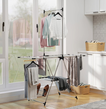 Linge extensible pliable vertical avec latéral réglable en 5 niveaux 4 Structure en acier inoxydable pour intérieur et extérieur 139x62,5x201 cm