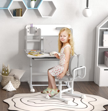 Set di Segreteria e Sedia per Bambini al di sopra di 3 anni Scrivania Altezza regolabile con Cassetto di copertura Inclinabile e Schienale imbottito, per Libri 80x55x107.5 cm Grigio