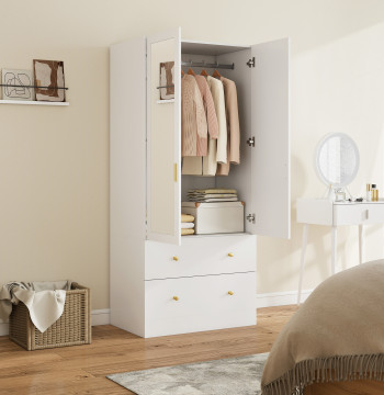 Armoire avec 2 portes et 2 tiroirs d'armoire avec barre miroir pour accrocher style moderne 80x50x180 cm Blanc