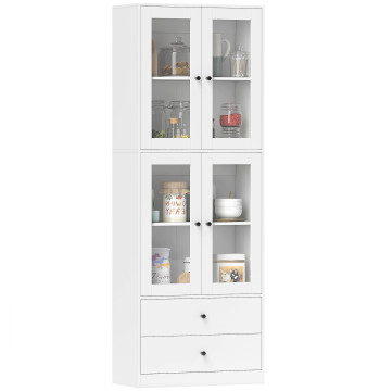 Armário de Cozinha Alto Móvel Auxiliar de Cozinha com 4 Portas de Vidro 2 Gavetas Prateleiras Ajustáveis 59x30x170 cm, Branco