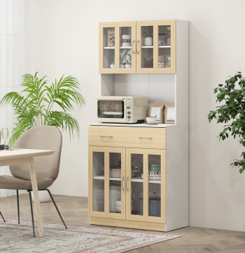 Aparador de Cozinha Alto Móvel Auxiliar de Cozinha com 4 Portas de Vidro Bancada Aberta para Micro-Ondas Gaveta Prateleiras Ajustáveis 80x40x180 cm Branco e Madeira