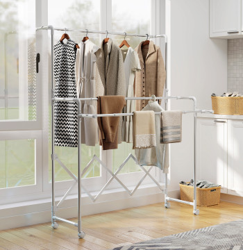 Estendal Vertical Dobrável de 3 Níveis Estendal de Aço Inoxidável com 3 Barras Ajustáveis e Extensíveis 4 Rodas para Interior 104-150x103x145-197 cm Prateado