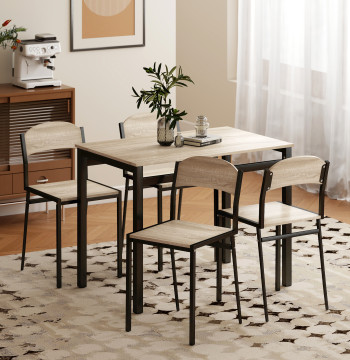 Conjunto de Mesa e Cadeiras de Refeição Mesa de Cozinha Retangular com 4 Cadeiras Estilo Moderno Estrutura Metálica para Espaços Pequenos Carvalho e Preto