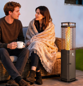 Aquecedor de Pellets 6.86 KW Sin Eletricidad Aquecedor de Lenha con Tubo de vidrio Base Antiderrapante y Grelha Metálica Aquecedor de Pellets sin Fumo para Jardín Terrazo Exterior 26x26x95 cm Negro