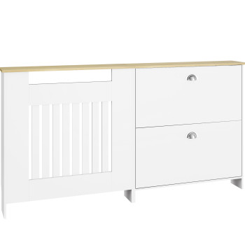 Cobertura Radiadores com Sapateira Cobertura para Radiador de MDF 152x19x81 cm Cobertura para Radiador com 2 Gavetas Rebatíveis Desenho Moderno de Ripas para Sala Quarto Branco
